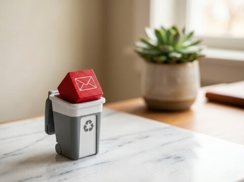 Red email block being deleted into small trash bin on marble surface