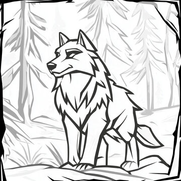 Wolf standing in the forest outlines for coloring page  
