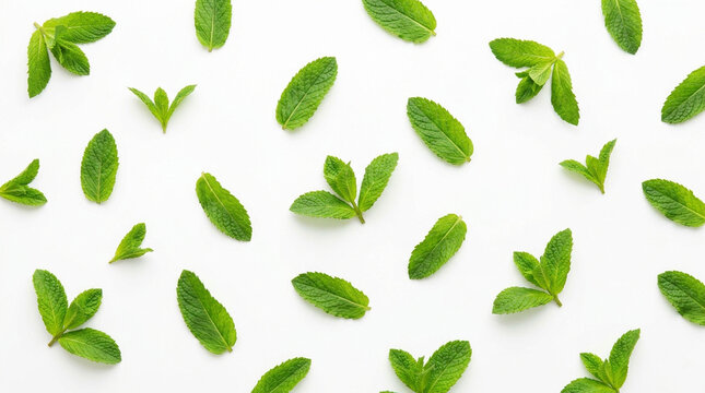 Fresh green mint leaves flat lay pattern isolated on white background
