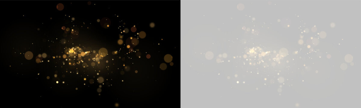 Soft golden bokeh lights scattered gently on black background with varying sizes and subtle glow on transparent background