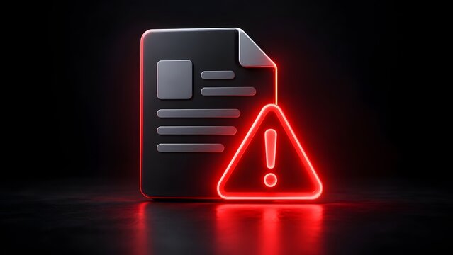 Glowing red warning triangle next to digital document icon representing file error corrupted data rejected application legal compliance violation and invalid contract alert