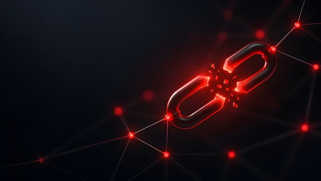 Glowing red broken chain link over digital network background illustrating security vulnerability connection failure weak link data breach and disrupted supply chain