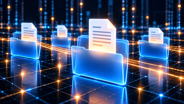 Digital document management system concept featuring glowing virtual file folders connected on a secure cloud database network