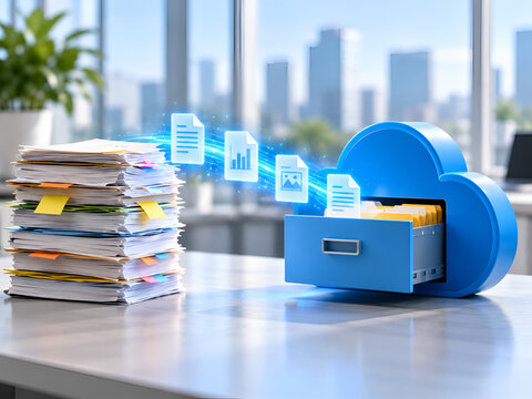 Digital transformation paperless office concept showing messy physical documents migrating into a secure cloud storage cabinet