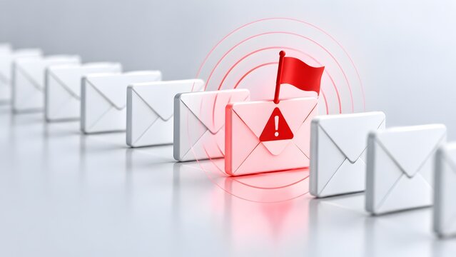Red flagged email envelope glowing among standard white mail icons symbolizing spam alert phishing attempt cybersecurity warning and priority attention required