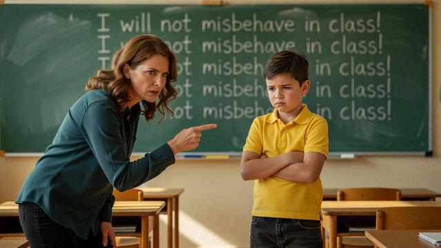 Angry woman teacher scolding boy student in classroom, school discipline and education challenges