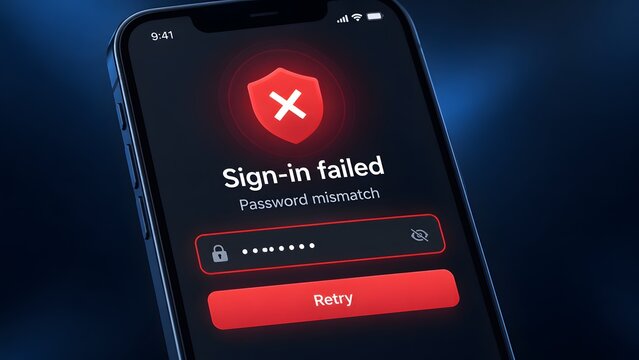 Smartphone screen displaying sign in failed error with password mismatch notification and red shield icon indicating mobile application cybersecurity threat and access denial