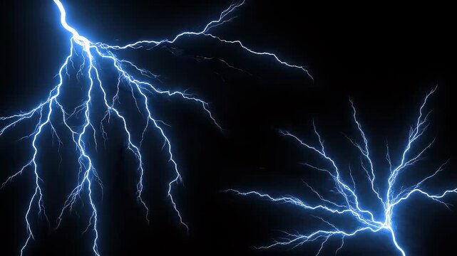 Electric blue lightning strikes across a dark stormy sky with subtle atmospheric energy