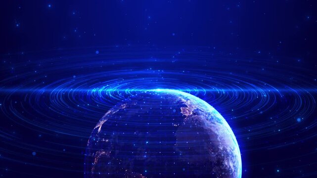 Luminous planet rotates network waves, orbital lines starry lights deep space. global internet, wireless communication, satellite systems, data transfer, cloud computing, innovation broadcast visuals