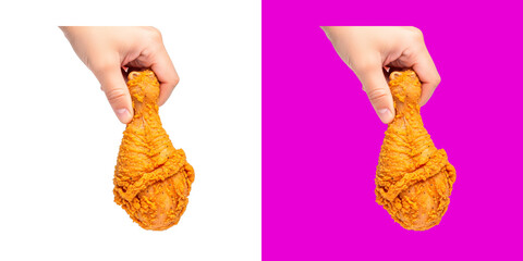 A hand holding a crispy golden deep fried chicken drumstick transparent png © Abu