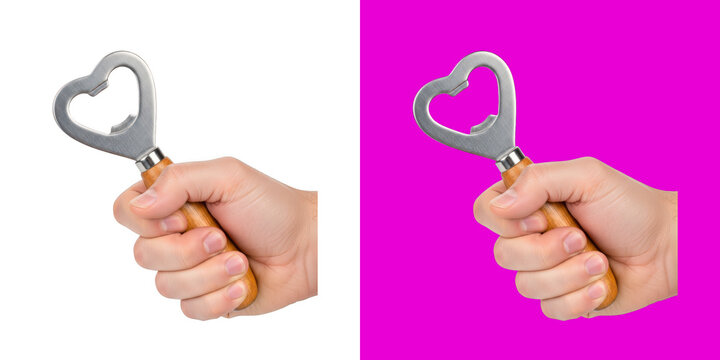 A hand holding a heart shaped bottle opener with wooden handle transparent png