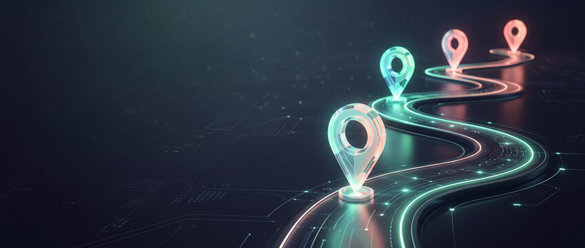 Conceptual futuristic winding road with glowing digital location pins and neon light trails on a dark circuit board background representing navigation, logistics, and business milestone goals
