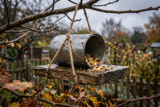 Homemade Bird Feeder Made from a Metal Can in a Rainy Garden