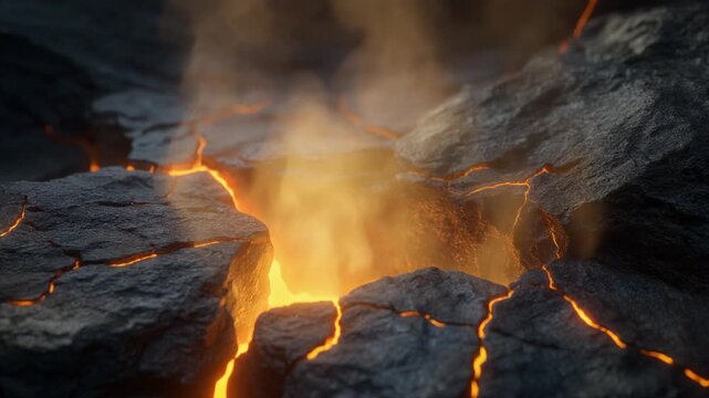 Geothermal steam rising from glowing rock cracks
