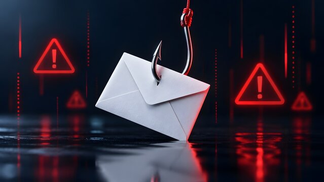 Cyber security concept illustrating an email envelope caught on a fishing hook surrounded by glowing red warning signs representing phishing attacks and fraud.