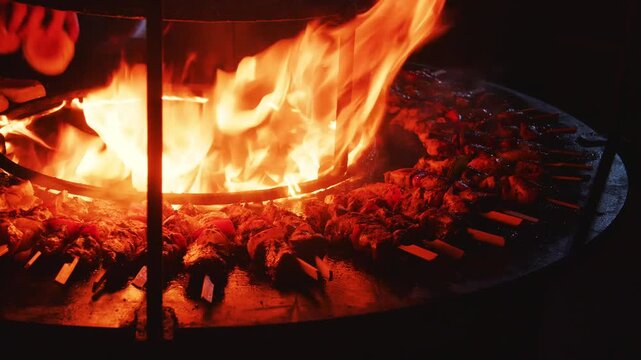 Traditional open-fire cooking with meat skewers sizzling around a central campfire.