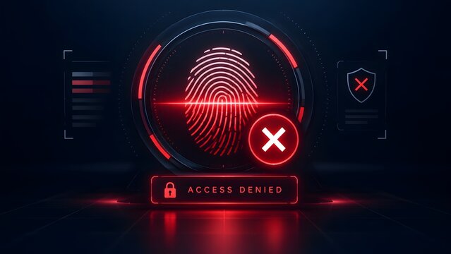 Futuristic red fingerprint scanning interface displaying an access denied warning sign representing cybersecurity failure biometric authentication error and restricted data protection.