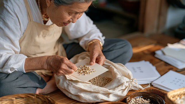 A Korean grandmother sitting cross legged on a wooden floor carefully selecting and sorting dried bean seeds from a muslin bag into paper envelopes for next season, seed bank