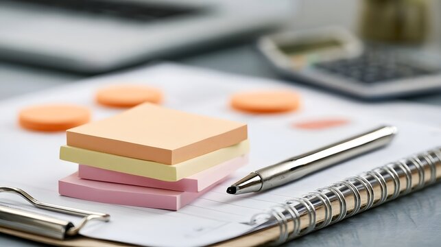 Stacked colorful sticky notes  pen  and spiral notebook on a desk with blurred office equipment in background
