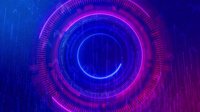 Circular dashboard glows electric directional arrows climb digital field. financial progress, startup growth, data analysis, virtual interfaces, cybersecurity, gaming intros technology presentations.