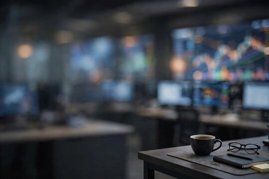Cinematic shallow depth of field photo of a desk with coffee in a quiet moment, with a blurred background of a financial trading room displaying market analysis charts. Finance and technology business