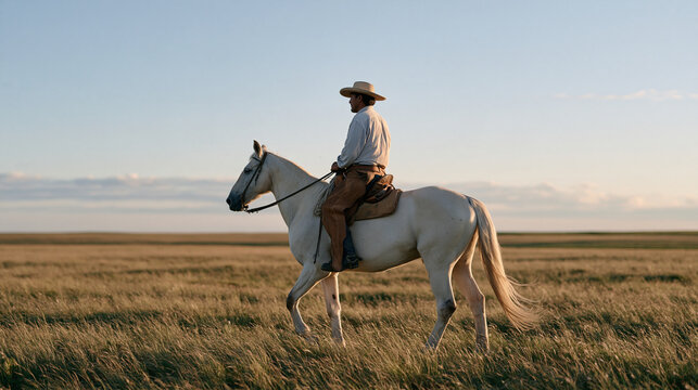 An Argentinian gaucho scattering native pasture grass seeds from horseback across an expansive Pampas grassland at dawn, pastoral land management, South American ranching