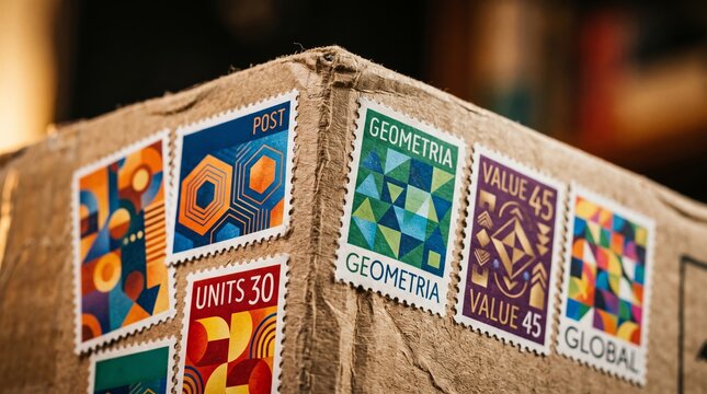 Close-up of a rustic cardboard parcel box adorned with a collection of vibrant, colorful, and geometric postage stamps for international mail delivery