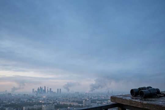 Atmospheric dystopian view with binoculars observing a modern metropolis with smoke plumes from a high vantage point, a concept for strategic surveillance during a crisis.