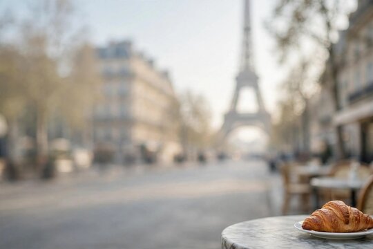 Romantic travel lifestyle photo of a fresh croissant on a marble cafe table with a dreamy, blurred Eiffel Tower view, an idyllic Parisian breakfast concept.