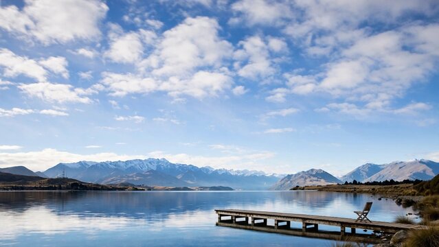 Cinematic wide-angle landscape photo of a lone chair on a pier at a tranquil lake with the Southern Alps mountain range in New Zealand, a peaceful scene for mental wellness.