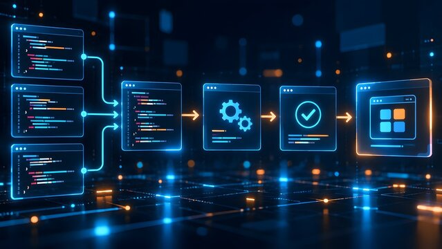 Futuristic digital flowchart interface displaying automated software development lifecycle data processing workflow and programming algorithms.