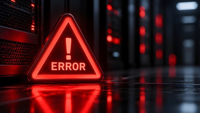 Glowing red error warning sign in a dark server room illustrating critical network failure cybersecurity breach or system database malfunction.