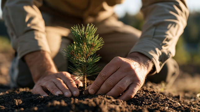 A Slovak forester kneeling beside a fresh pine sapling emerging from a seed on a reforested hillside at golden hour, reforestation effort, woodland restoration ecology, carbon