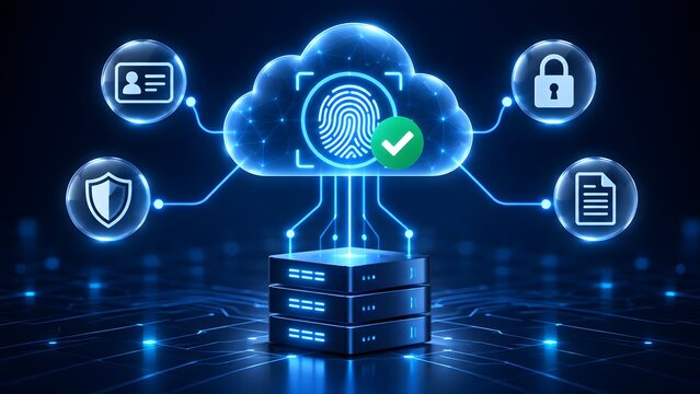 Secure cloud computing infrastructure concept featuring biometric fingerprint authentication and protected data server storage with glowing cyber security icons.