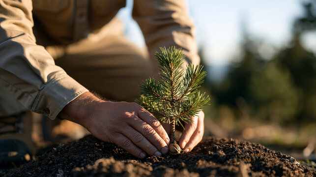 A Slovak forester kneeling beside a fresh pine sapling emerging from a seed on a reforested hillside at golden hour, reforestation effort, woodland restoration ecology, carbon