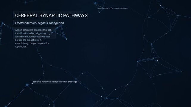 Cerebral synaptic pathways animation showing electrochemical signal propagation across a neural network with glowing nodes and informative text overlays detailing the biological process