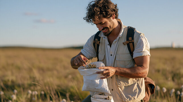 A Brazilian botanist in a field vest collecting wild grass seeds into paper bags along a Cerrado grassland transect, ethnobotany fieldwork, seed germplasm collection, tropical