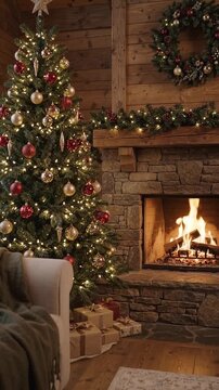 Decorated Christmas tree glows beside a burning stone fireplace in a rustic wooden cabin, with wrapped gifts, a wreath, garland, warm lights, and ornaments creating a cozy holiday interior
