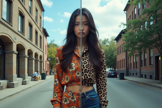 Mirror Reflections: A Dual Identity - A Photoshoot Showcasing a Subject Framed by a Grand Reflective Surface, Splitting Their Form into Two Distinctly Adorned Halves.
