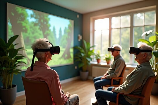 Nature Immersion in Virtual Reality: Seniors Engaged in a Sunlit Room with VR Headsets, Surrounded by Plants and Nature Sounds