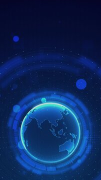 Blue digital globe glows inside expanding circular network rings, open copy space, global communication, cybersecurity, cloud computing, artificial intelligence, finance, news international business.