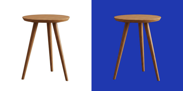 Minimalist modern wooden side table with three thin tripod legs transparent png