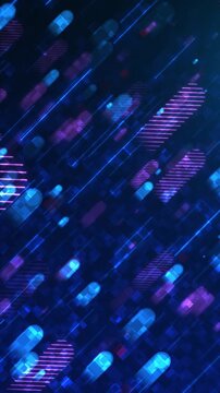 Abstract motion background glowing diagonal arrows, capsules, bokeh light trails. futuristic technology promos, digital advertising, gaming intros, music visuals, TV broadcasts energetic transitions.