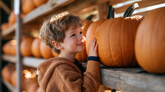 Massive pumpkins lined up on rough wooden shelving inside a weathered farmstand structure, a curly haired boy pressing his face against the largest one with wide eyes, late