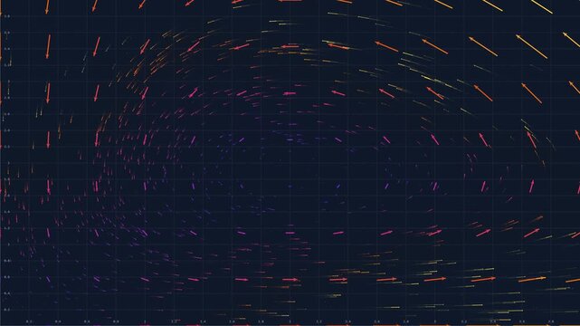 Dynamic Vector Field Data Visualization with Colorful Arrows on Dark Grid, Abstract Mathematical Flow for Machine Learning, Physics Simulation and Artificial Intelligence