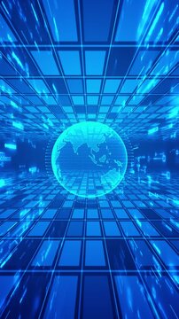 Luminous digital Earth floats grid tunnel filled data streams circuit graphics. AI, cloud computing, global communication, cybersecurity, fintech, smart cities, international business technology news