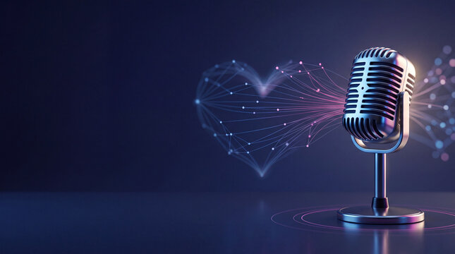 Retro Style Microphone with Glowing Digital Heart Plexus Design on Dark Background, Concept for Passionate Podcasting, Audio Storytelling, Radio Broadcasting, and Creative Music Production