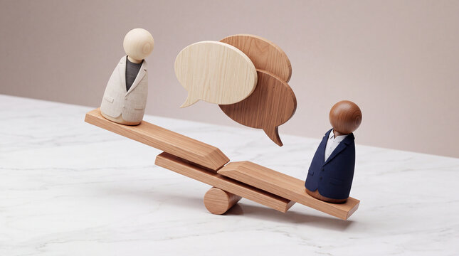 Conceptual image of two wooden business figures on a wooden seesaw with floating speech bubbles, representing professional communication, negotiation, and work-life balance in a modern office.