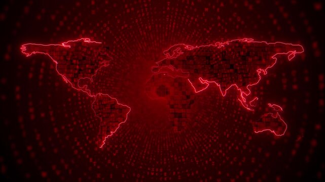 Global cyberattack red world map data warning digital interference. cybersecurity reports, malware alerts, privacy stories, threat intelligence, online fraud, company risk emergency broadcast packages
