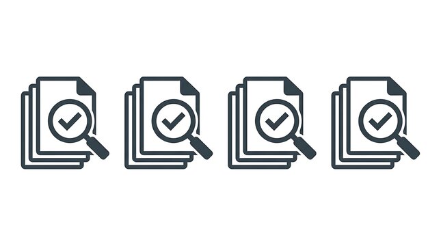 Magnifying glass and checkmark on document icons for verification and audit process